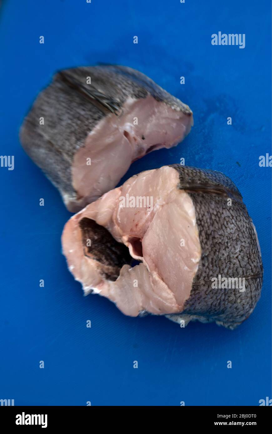 Fresh hake steak on blue fish chopping board - Stock Photo