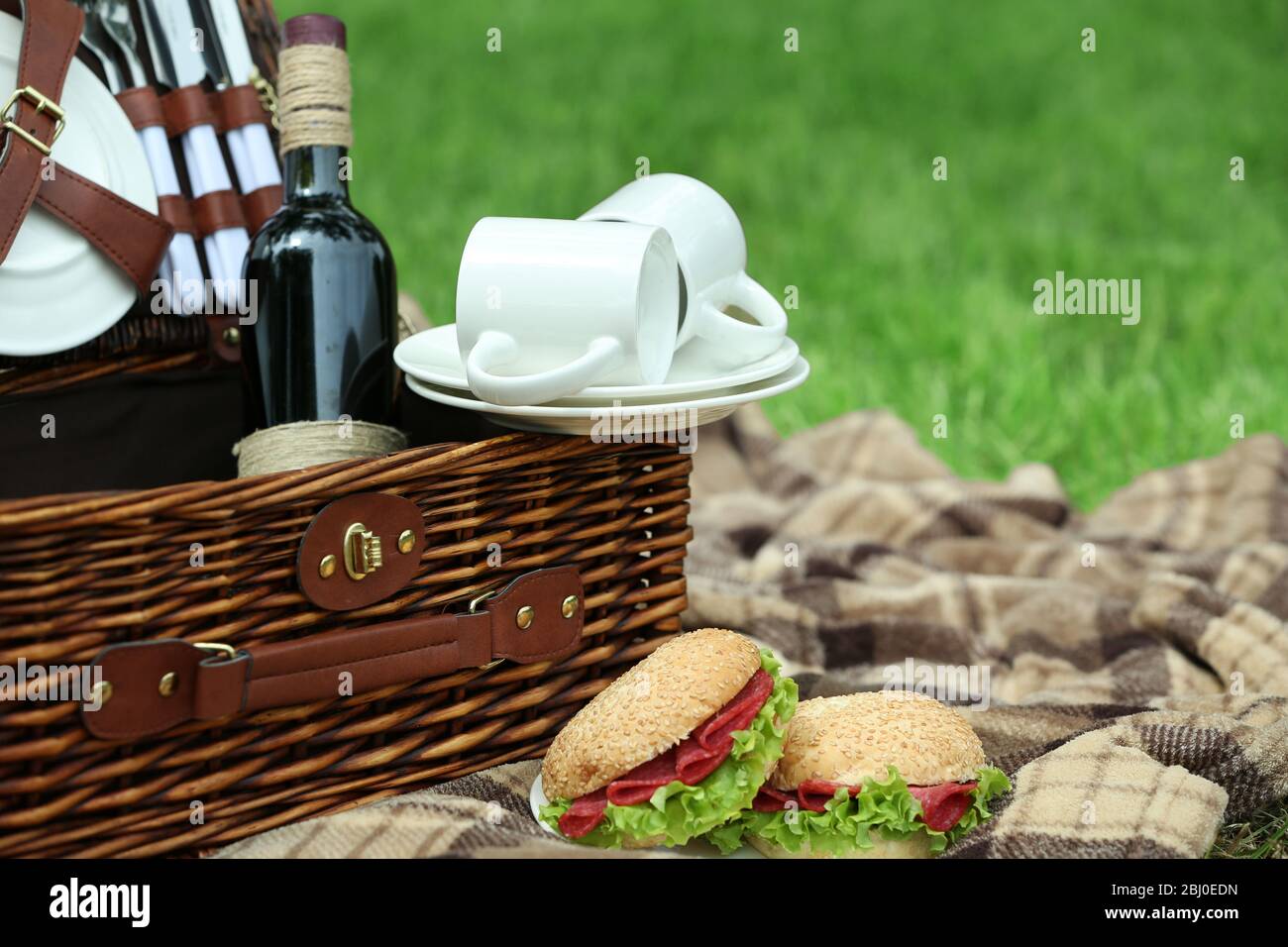 Wicker picnic basket, tasty sandwiches and plaid on green grass ...