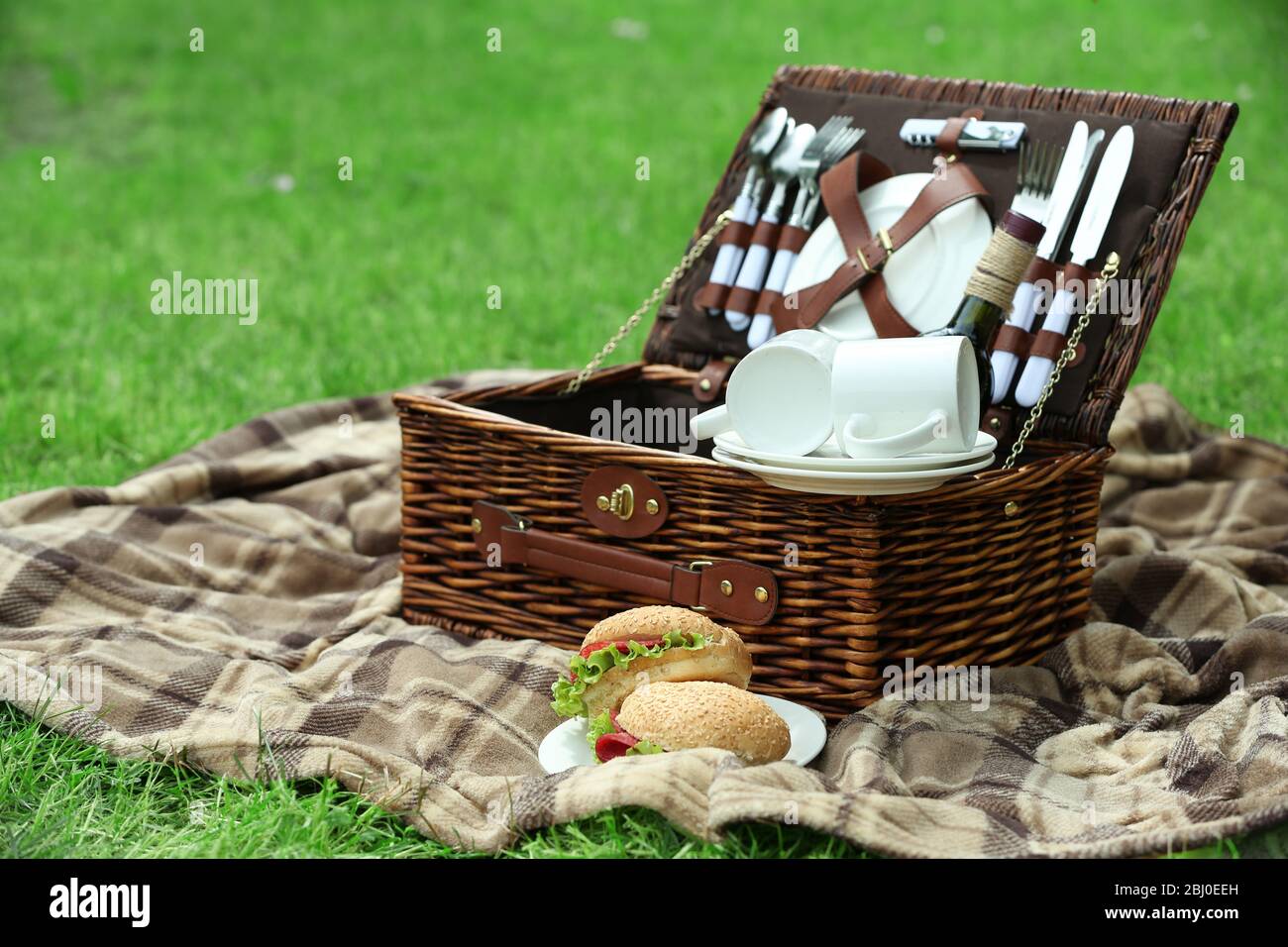 Wicker picnic basket, tasty sandwiches and plaid on green grass ...