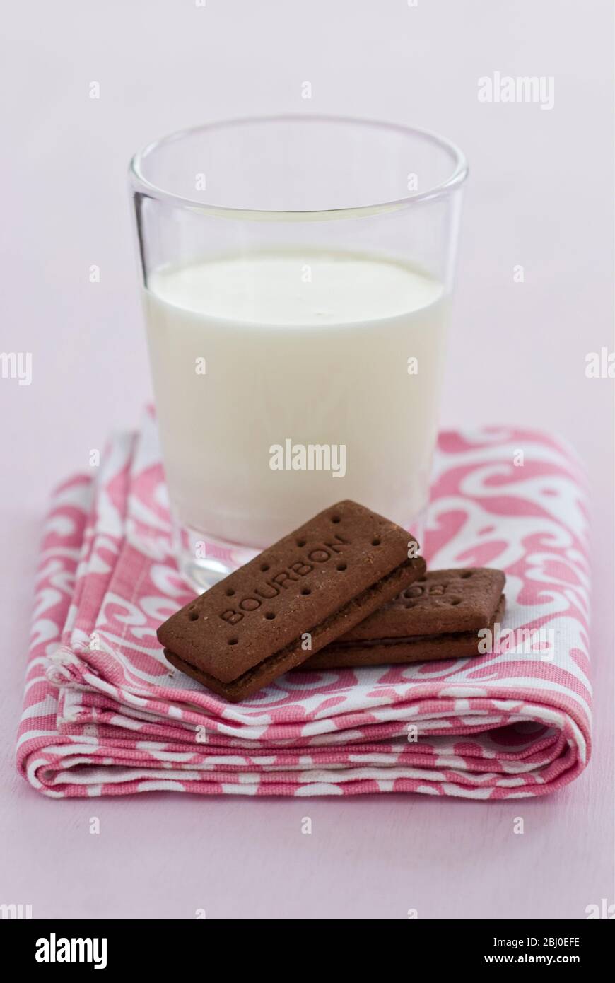 Bedtime snack of a glass of cold fresh milk with bourbon chocolate biscuits - Stock Photo