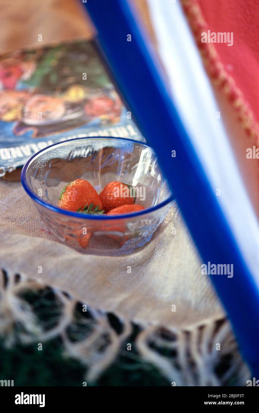 Detail of childen's summer garden playtent with story book and bowl of ripe strawberries - Stock Photo