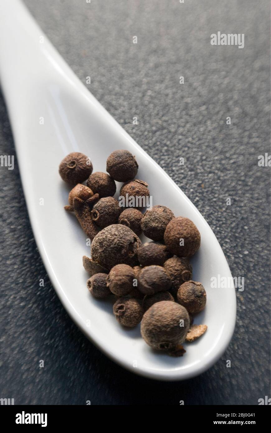 White ceramic spoon with whole dried allspice. Allspice, also called
