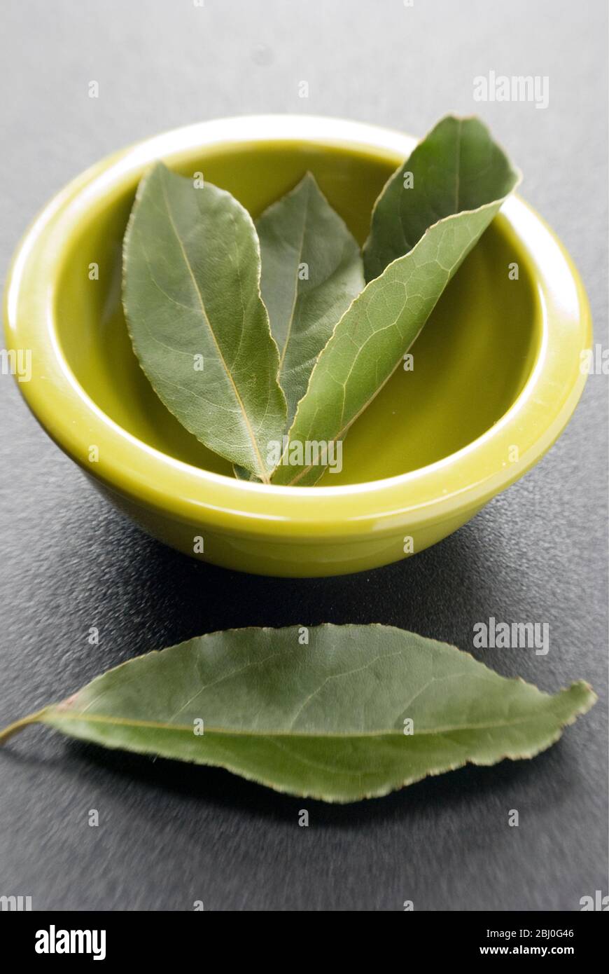 Bay leaves with small bowl on a dark plastic surface. Bay leaf (Greek Daphni, Romanian Foi de Dafin) is the aromatic leaf of several species of the La Stock Photo