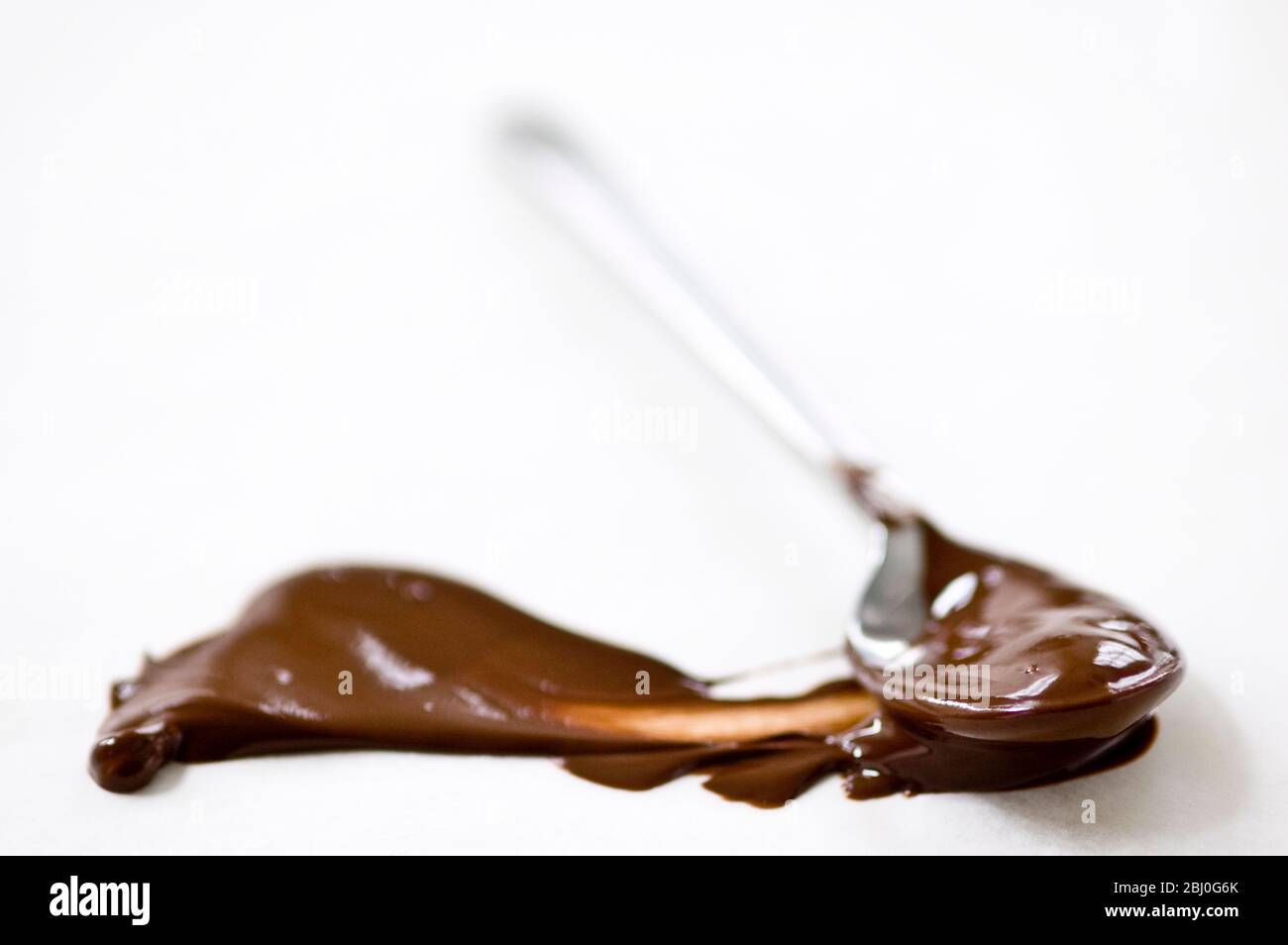 Melted chocolate smeared across white surface with a spoon leaving a plume shape. - Stock Photo
