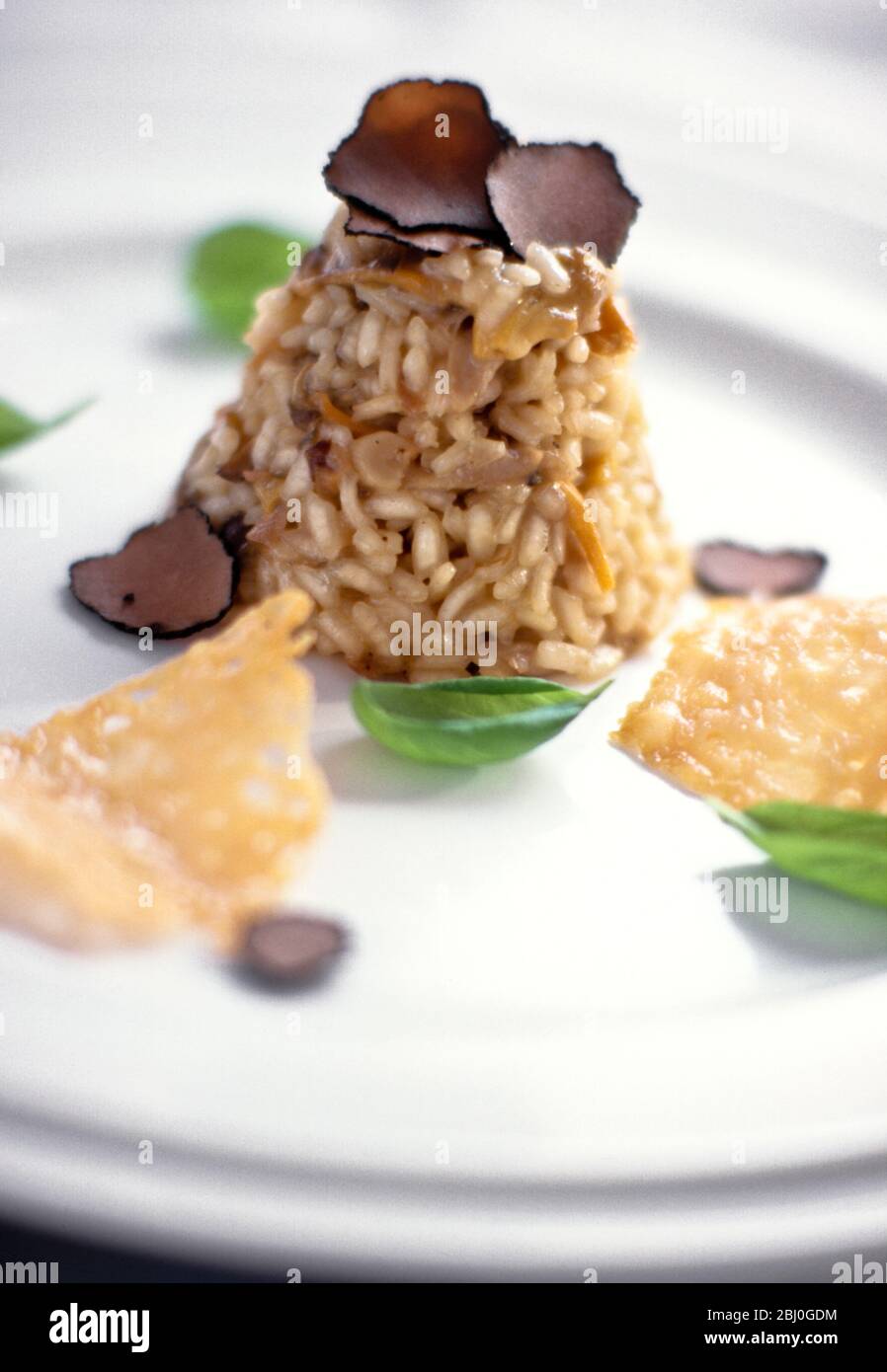 Mushroom risotto served as a pyramid with basil leaves and shavings of parmesan and black truffles on white plate - Stock Photo