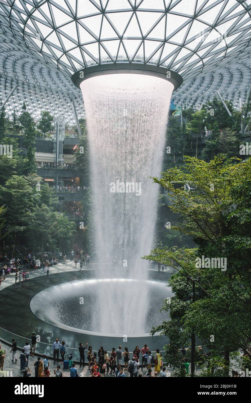 SINGAPORE, June, 2019: The Rain Vortex, a 40m-tall indoor waterfall ...