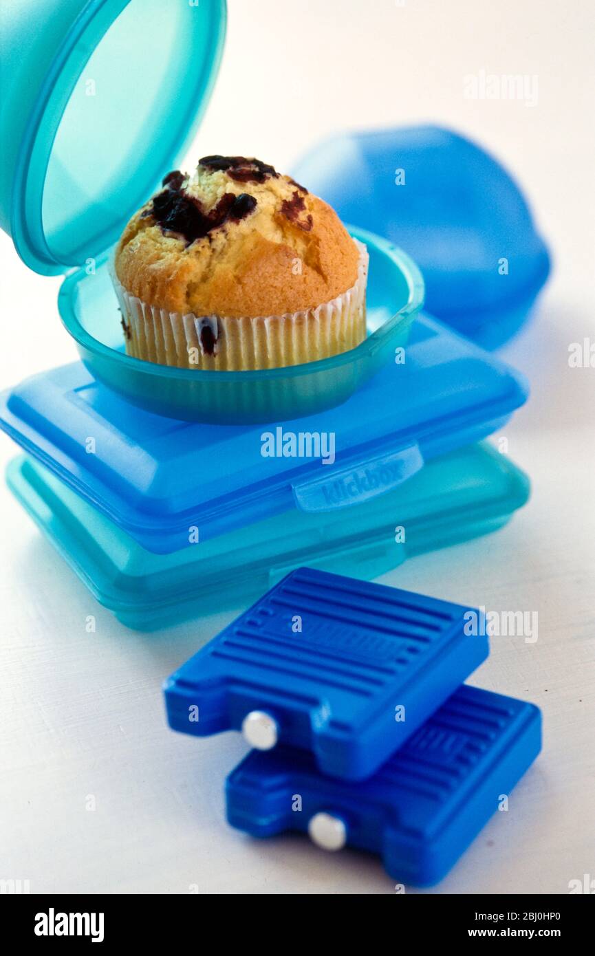 Selection of lunch boxes and small cool packs in blue plastic with muffin in special box - Stock Photo