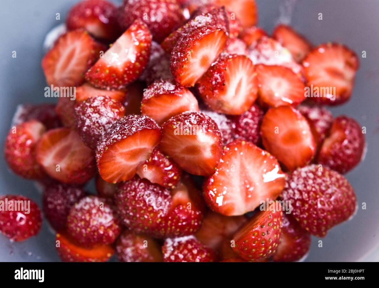 Strawberries, hulled and halved in bowl, dusted with caster sugar Stock