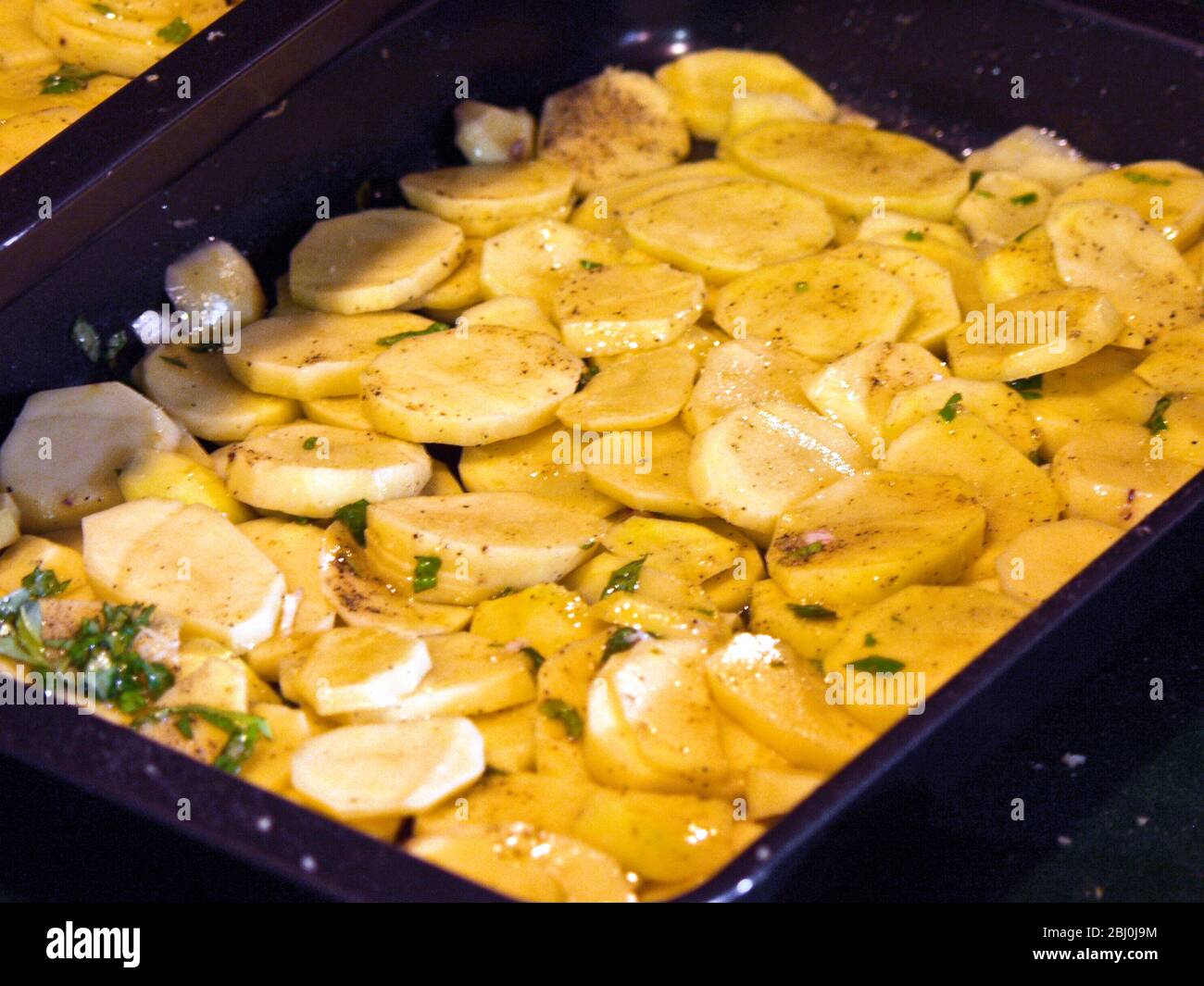 Sliced potatoes in rasting tin with olive oil and parsley about to be put in oven to roast - Stock Photo