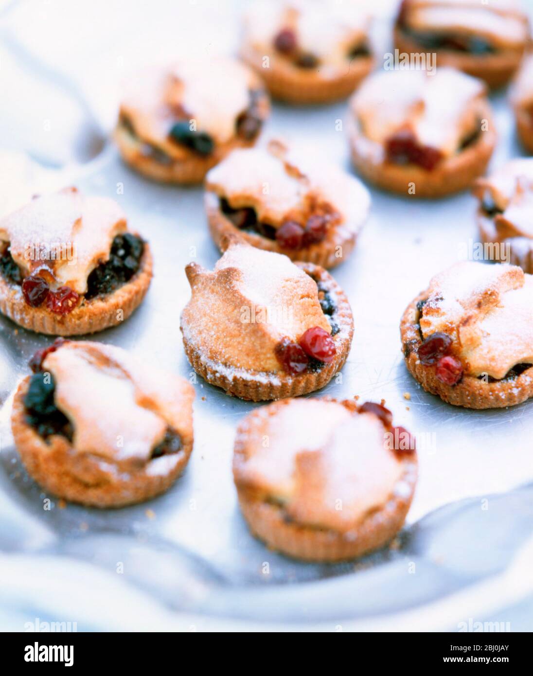 Little mince pies decorated with pastry holly leaves and cranberries dusted with icing sugar, on metal tray - Stock Photo