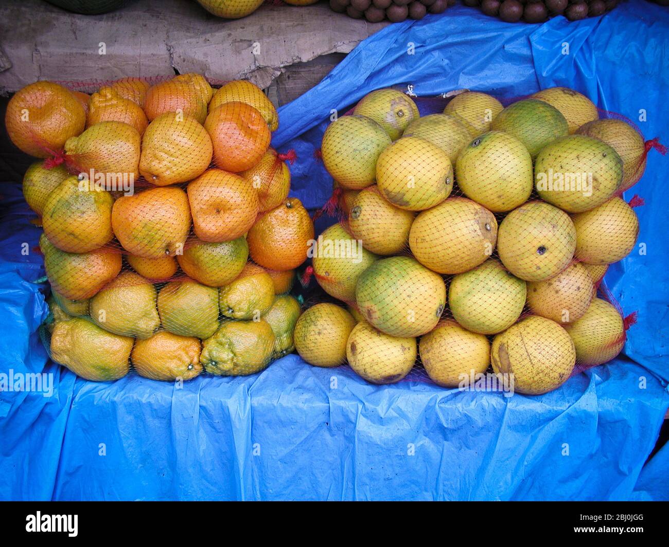 Citrus fruits in the fruit and vegetable market in Nelspruit, Mpumalanga, South Africa - Stock Photo