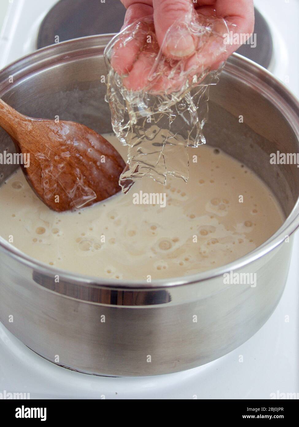Adding softened gelatine leaves to custard to thicken and set - Stock Photo
