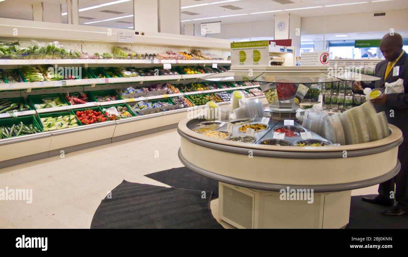 Interior of Waitrose supermarket, Barbican, London UK, with salad bar. - Stock Photo