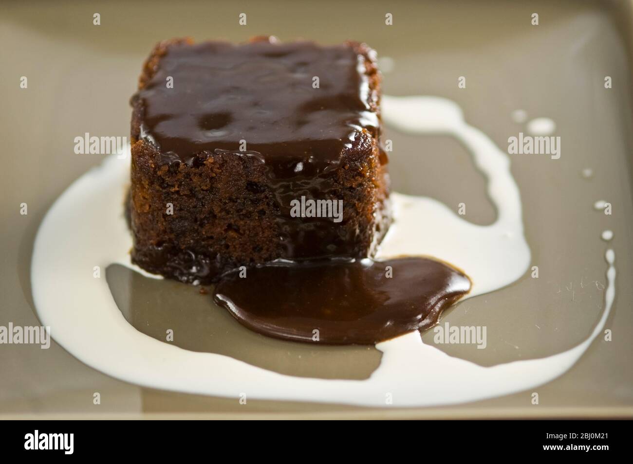 Sticky toffee pudding with cream swirl - Stock Photo