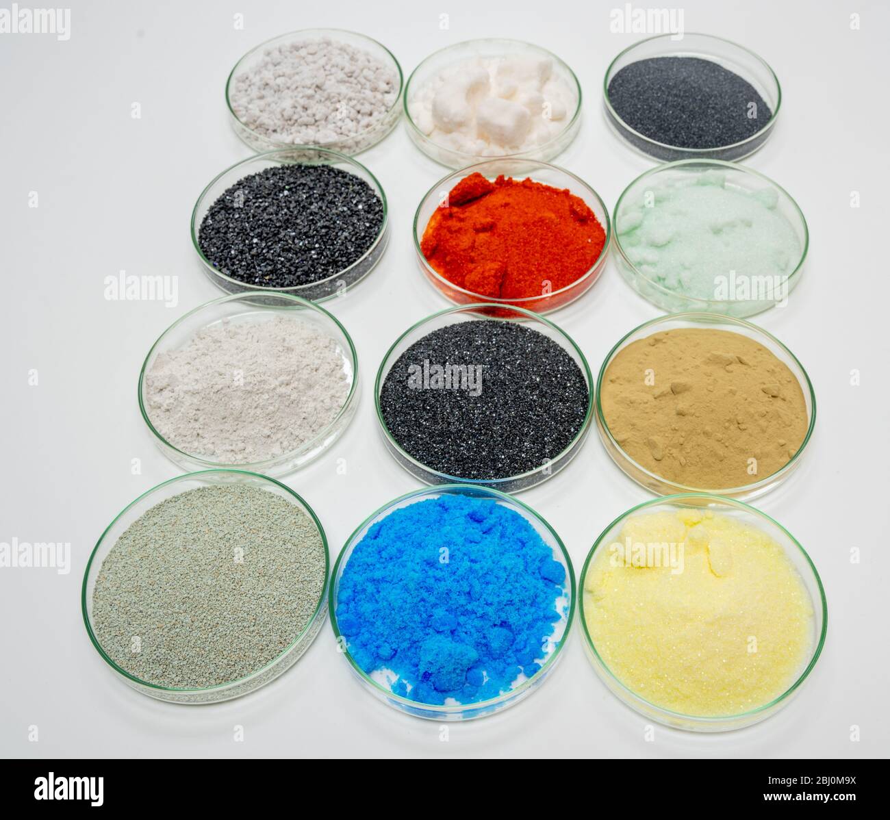 Examples of dry bulk chemical elements in petri dishes on a white