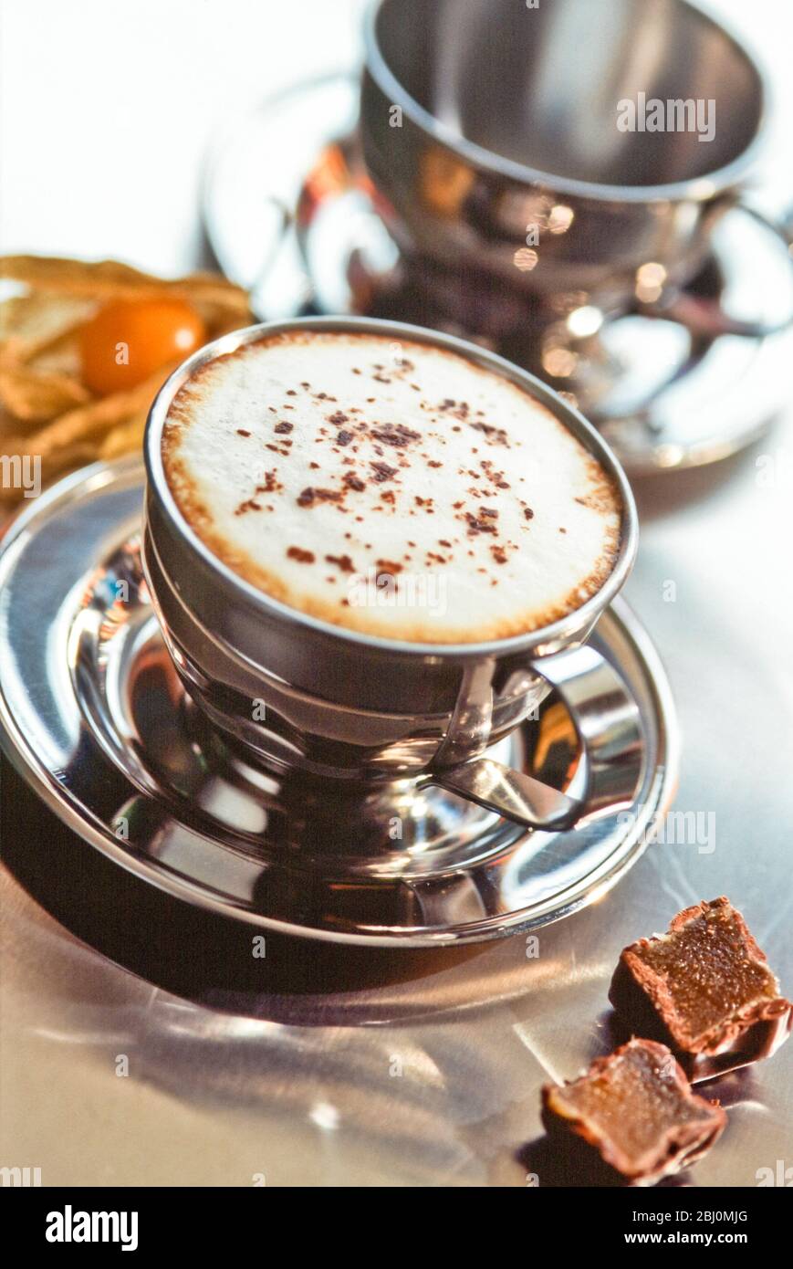 Stainless steel cup of cappucino on metal counter with chocolate fudge and pthysalis - Stock Photo