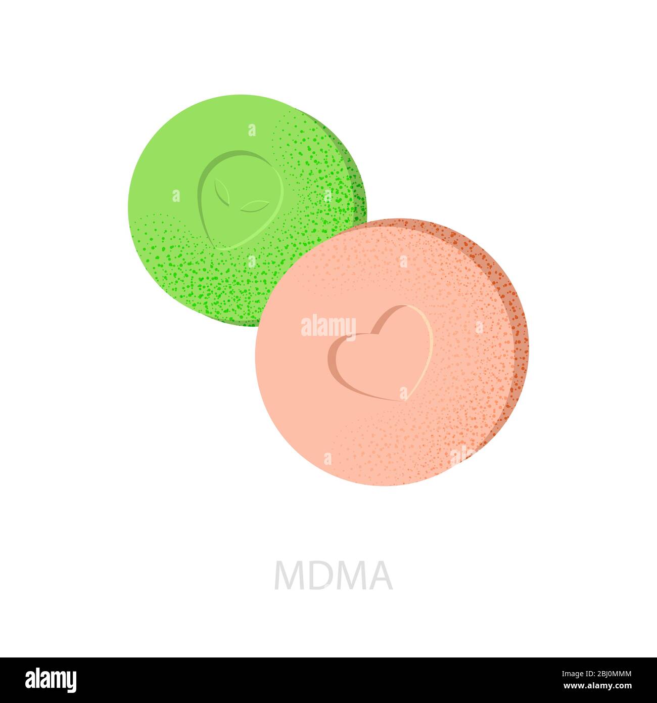 Mdma tablets in green and pink with an alien and heart figure. Stock Vector