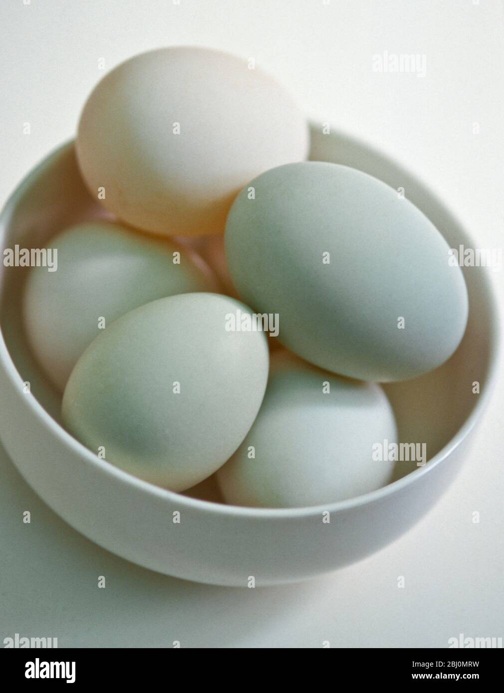 Bowl of speciality eggs, naturally different shades of green and blue on white surface. - Stock Photo