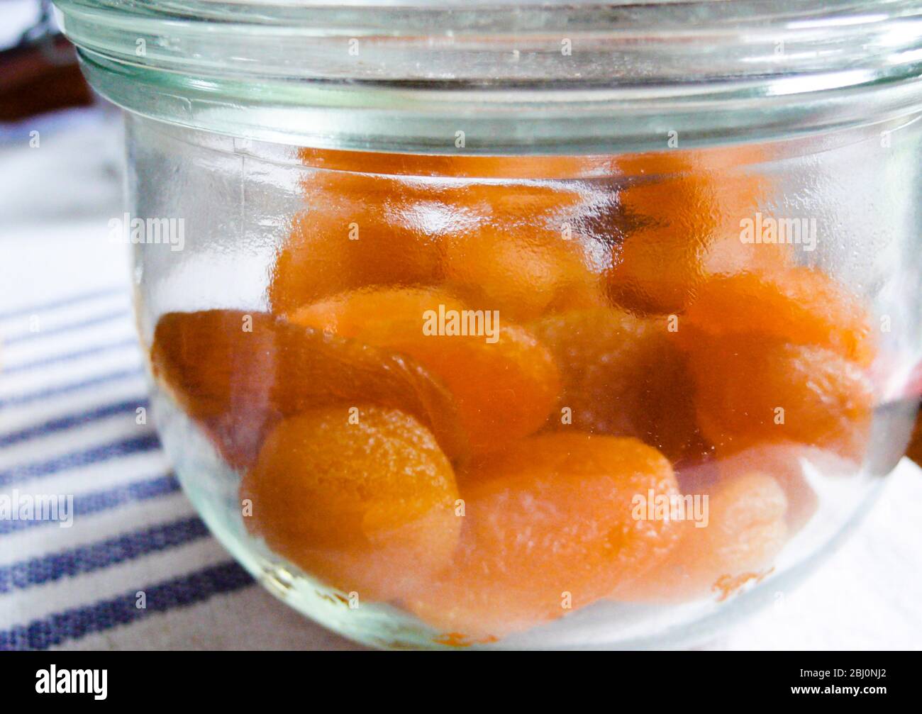 Glass jat of dried apricots on kitchen table - Stock Photo