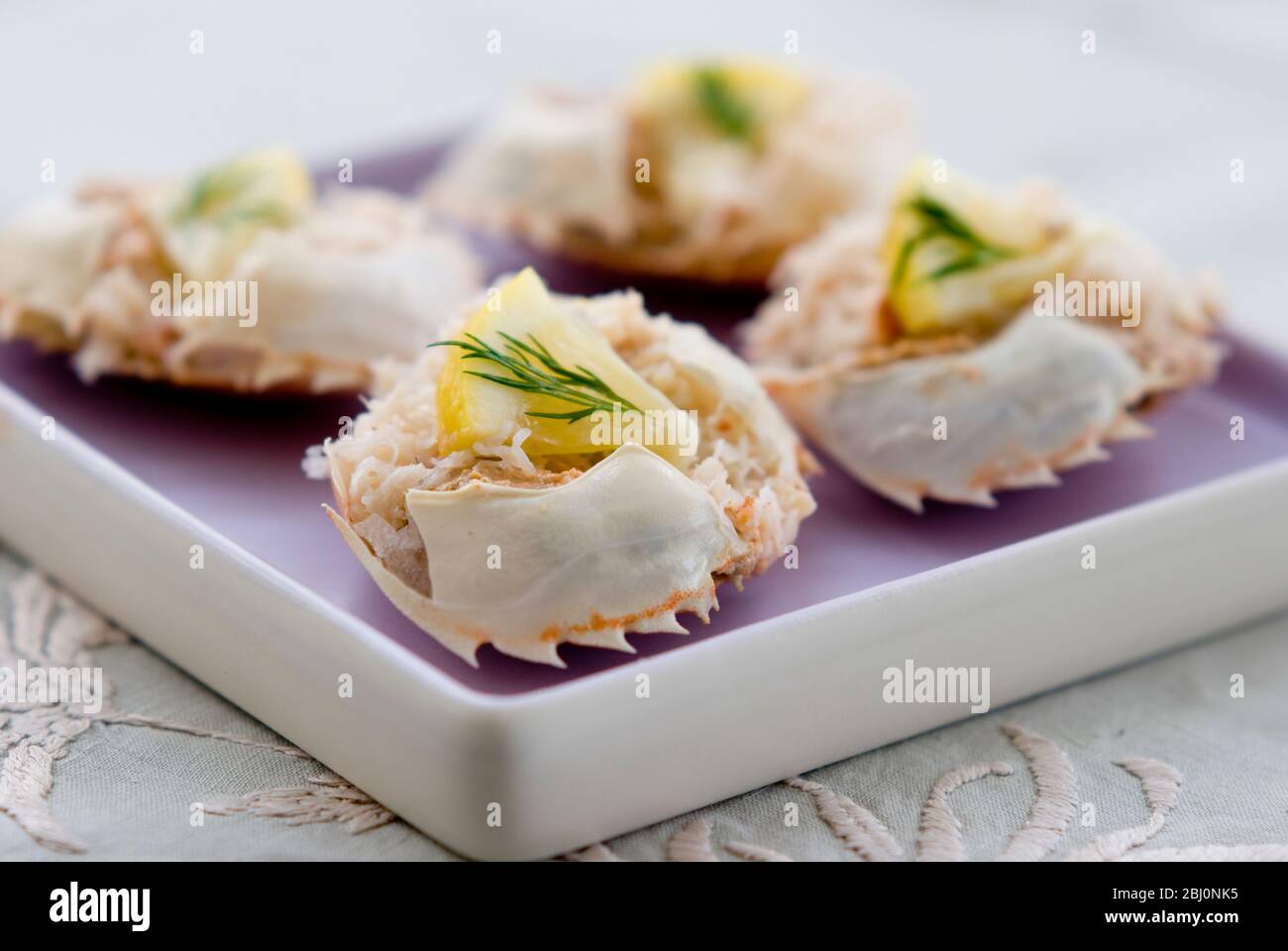 Little Hebridean dressed crabs with lemon wedges and dill on square plate - Stock Photo