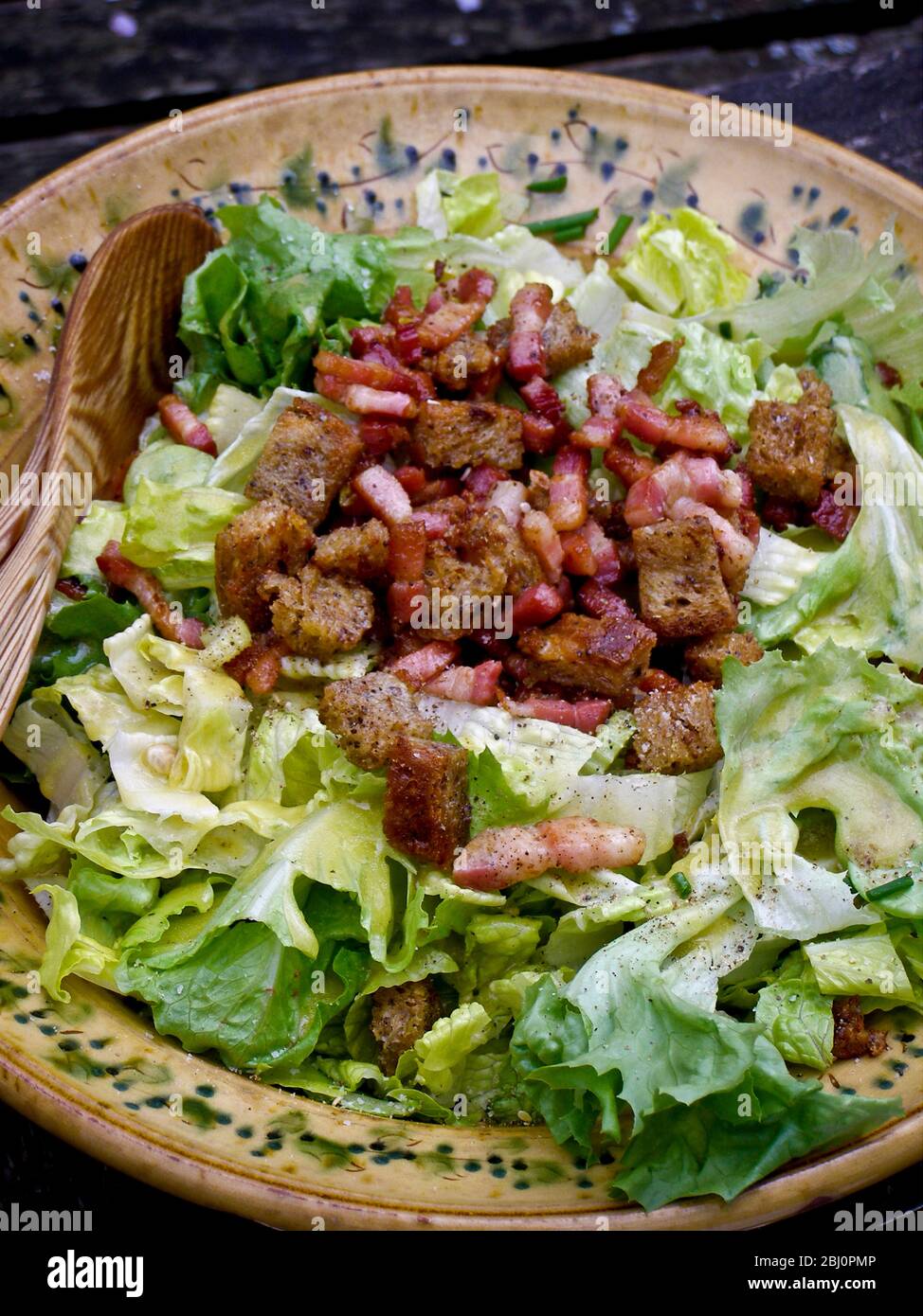 Summer salad outdoors: lettuce - batavia and romaine, whole grain bread croutons,chopped chives, fried pancetta pieces and freshly ground pepper with Stock Photo
