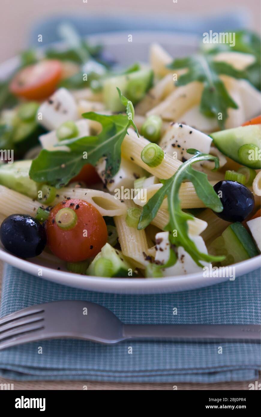 Light, healthy salad of rocket, and mozzarella cubes with penne pasta shapes dresssed in light vinaigrette. Short depth of field - Stock Photo