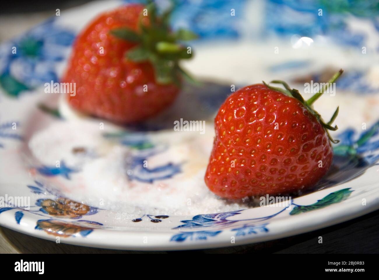 Two strawberries on a patterned plate outside in sunshine - Stock Photo