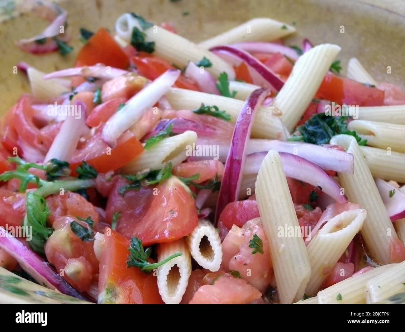 Salad of tomato wedges, red onions, pasta shapes, parsley, with red wine vinegar and olive oil dressing - Stock Photo