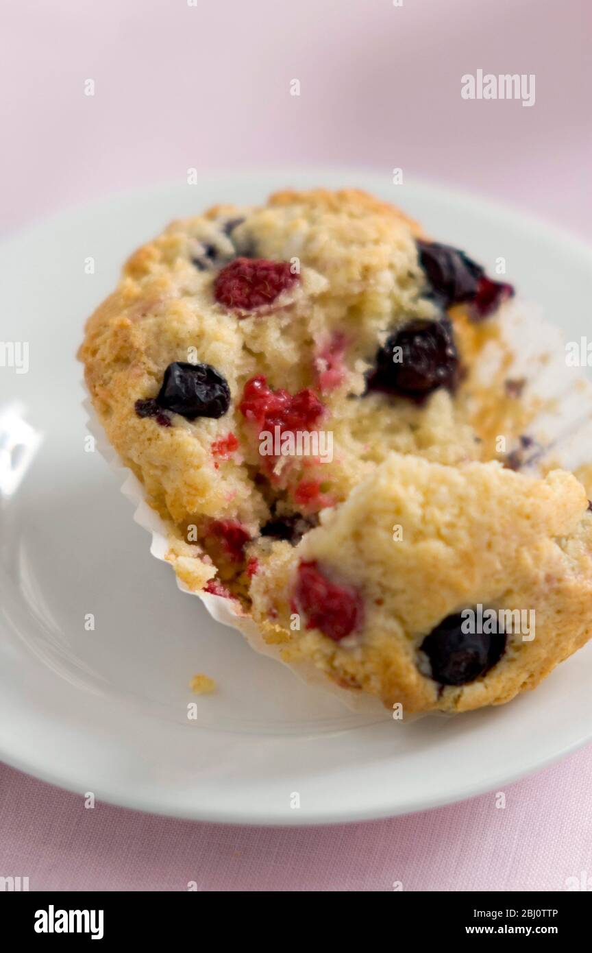 Fresh berry muffin with raspberries and blueberries, torn open on white plate on pink cloth - Stock Photo