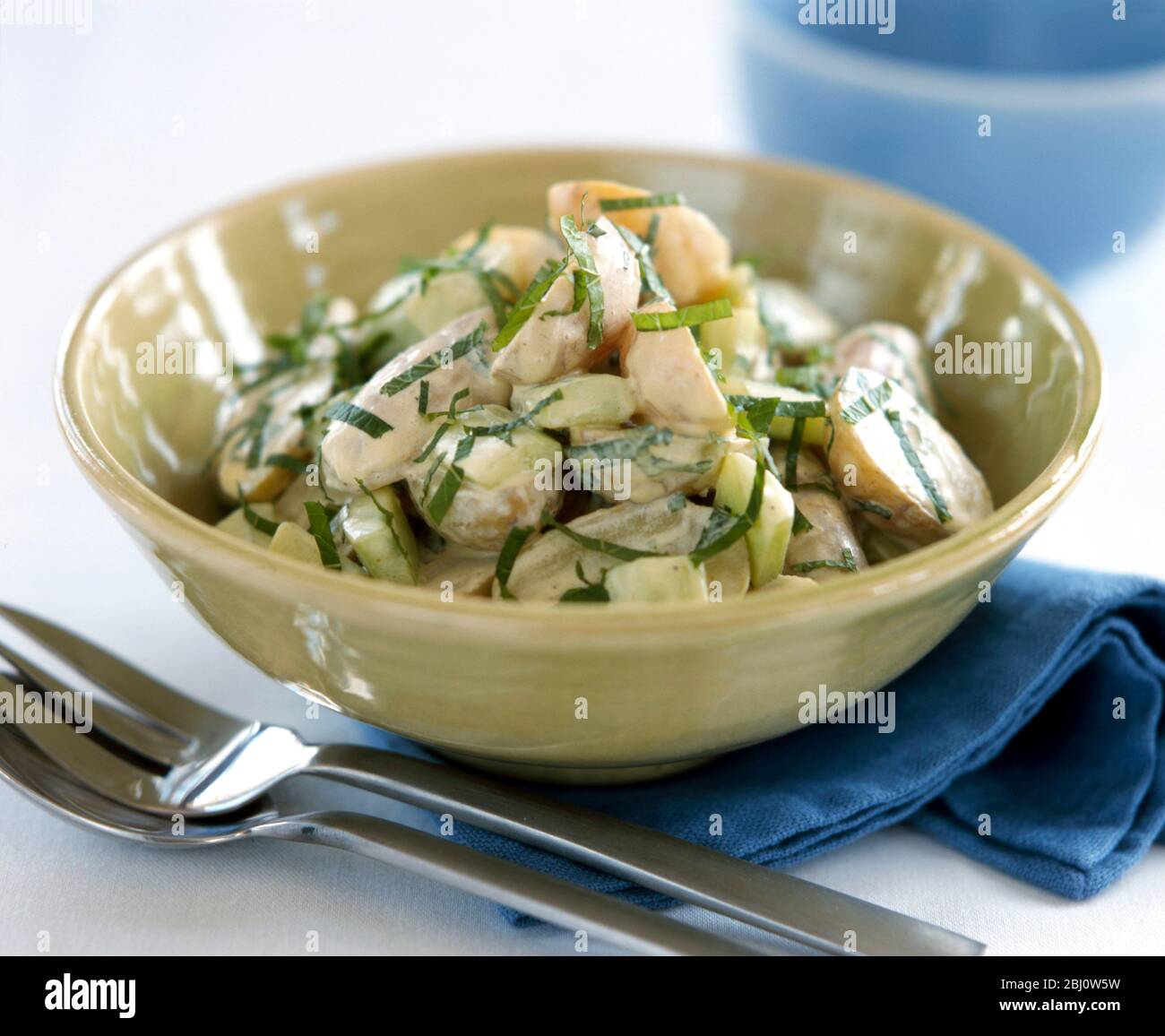 Baby new potatoes in creamy mayonnaise dressing with strips of fresh mint - Stock Photo
