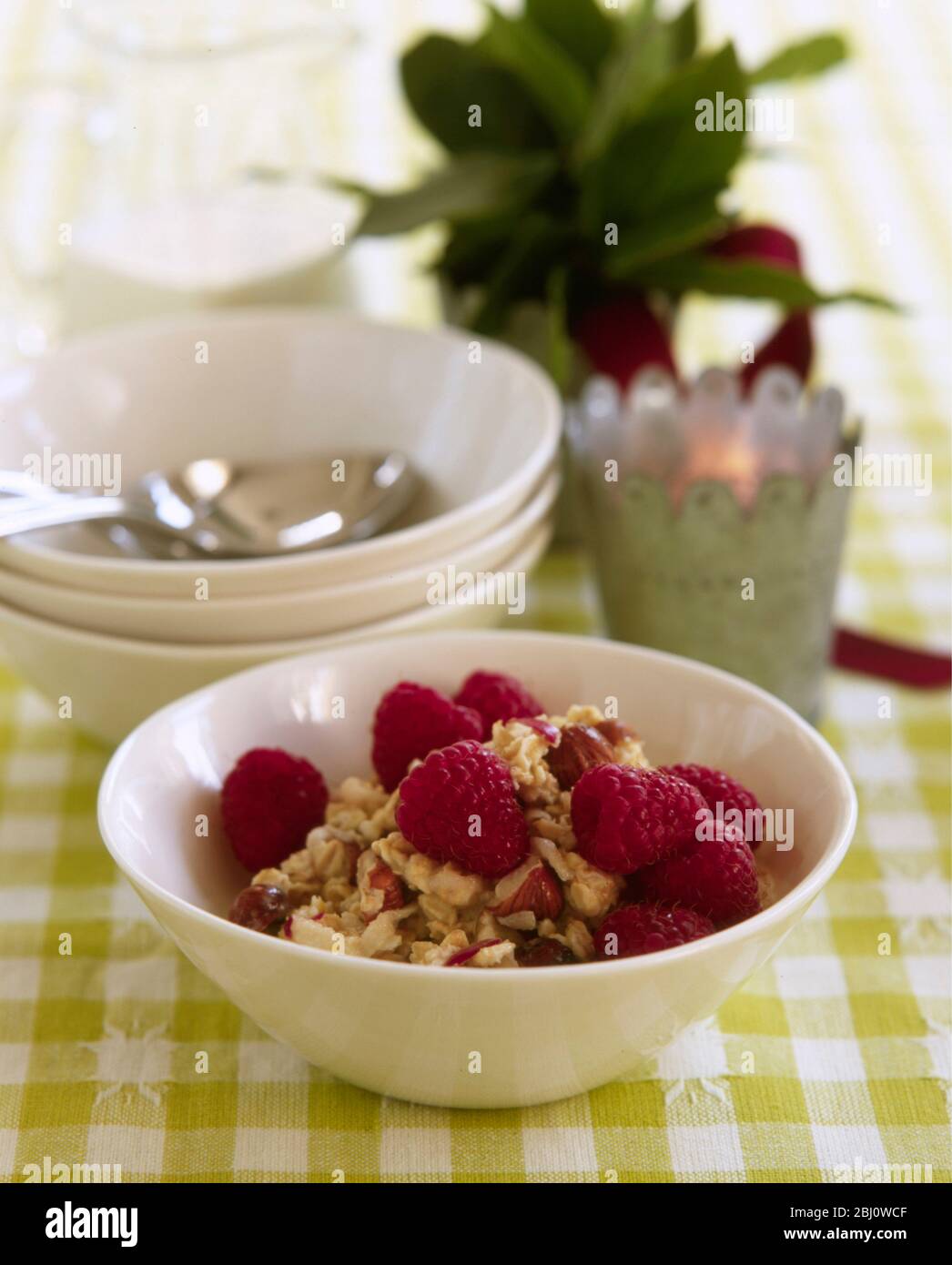 Breakfast of homemade granola with fresh raspberries on lime green gingham tablecloth - Stock Photo