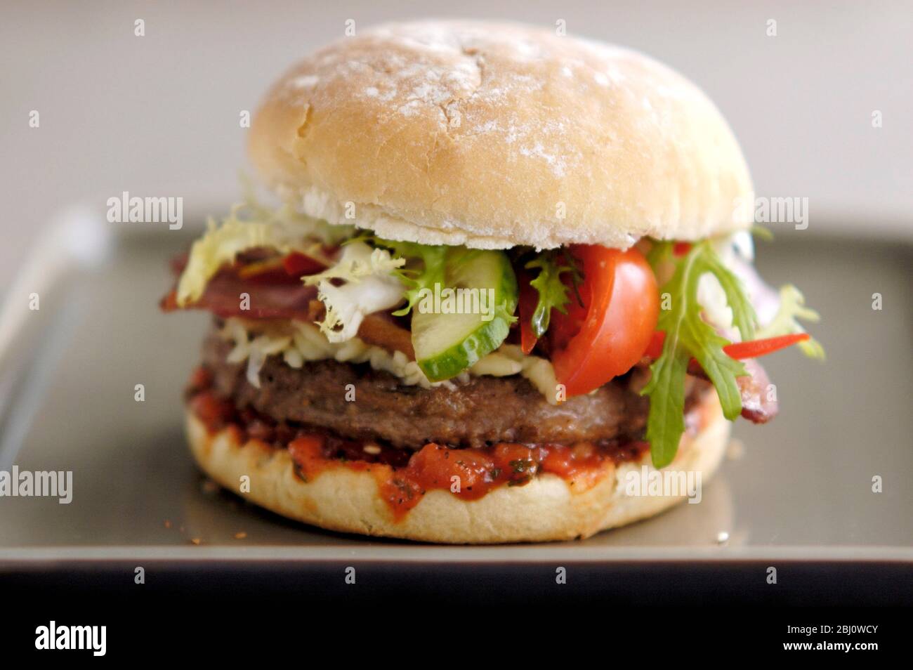 Chargrilled hamburger in bun with frisee salad, cucumber, pepper strips, sour cream, and tomato salsa - Stock Photo