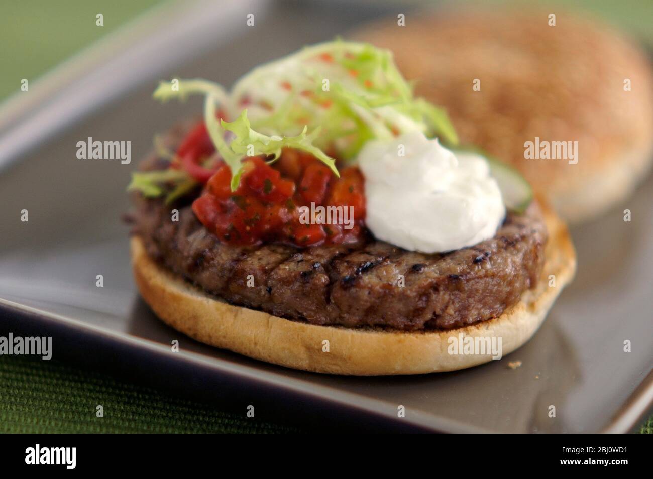 Chargrilled hamburger in bun with frisee salad, tomato salsa and sour cream - - Stock Photo