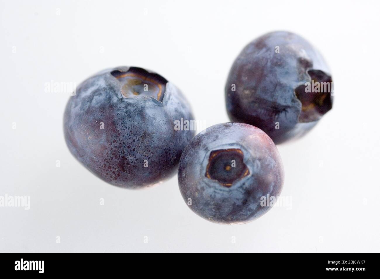 Three blueberries close up on white glass surface. Stock Photo