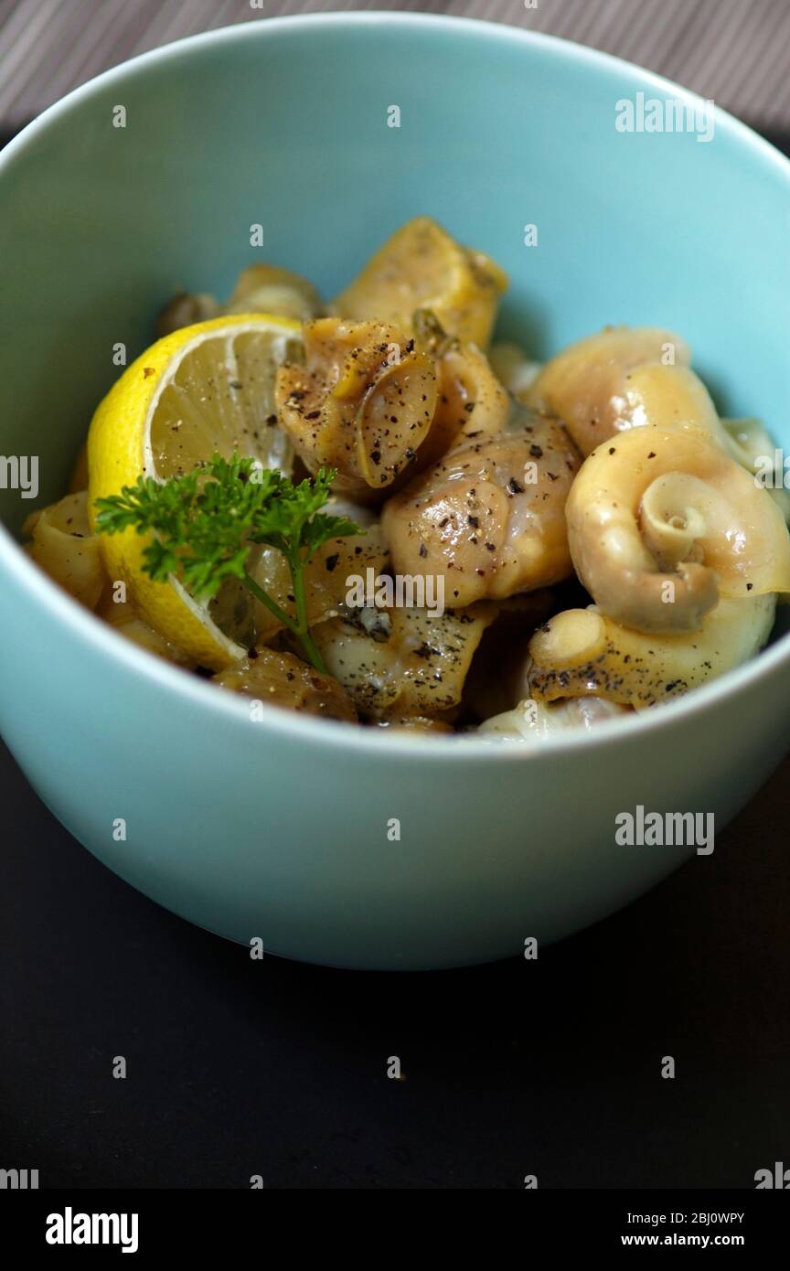 Quickly tossing whelks in butter with crushed garlic transforms them hot into a gourmet treat. - Stock Photo