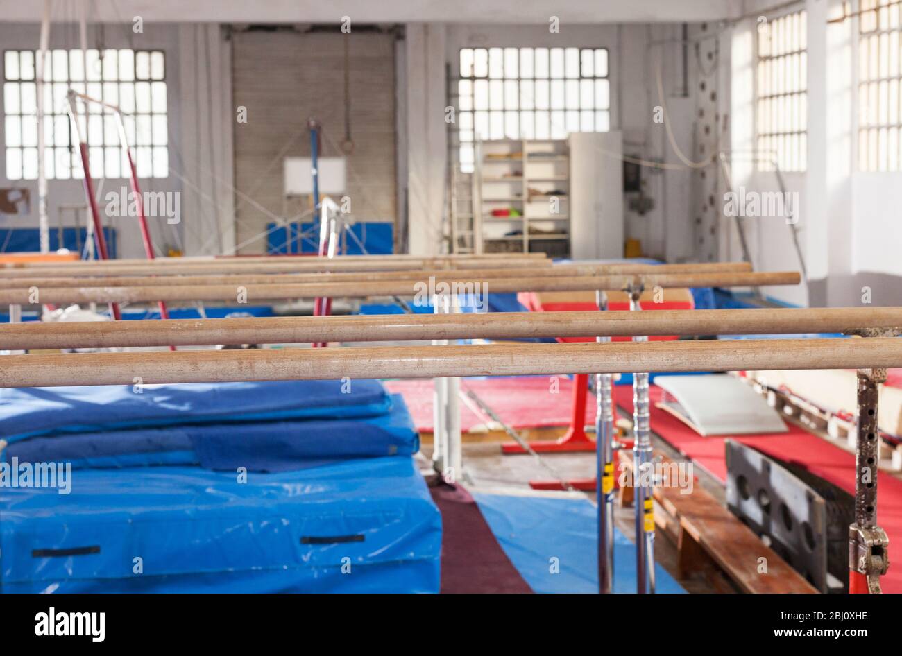 New acrobatic with gymnastic equipment balance beams, bars and pommel