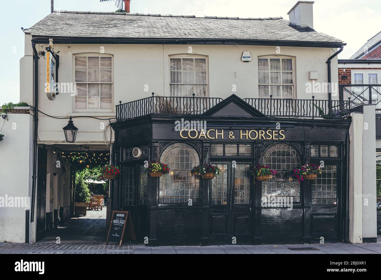 London/UK-1/08/18: The Coach and Horses Pub, local pub on Barnes High Street in London Borough of Richmond upon Thames. Pubs are a social drinking est Stock Photo