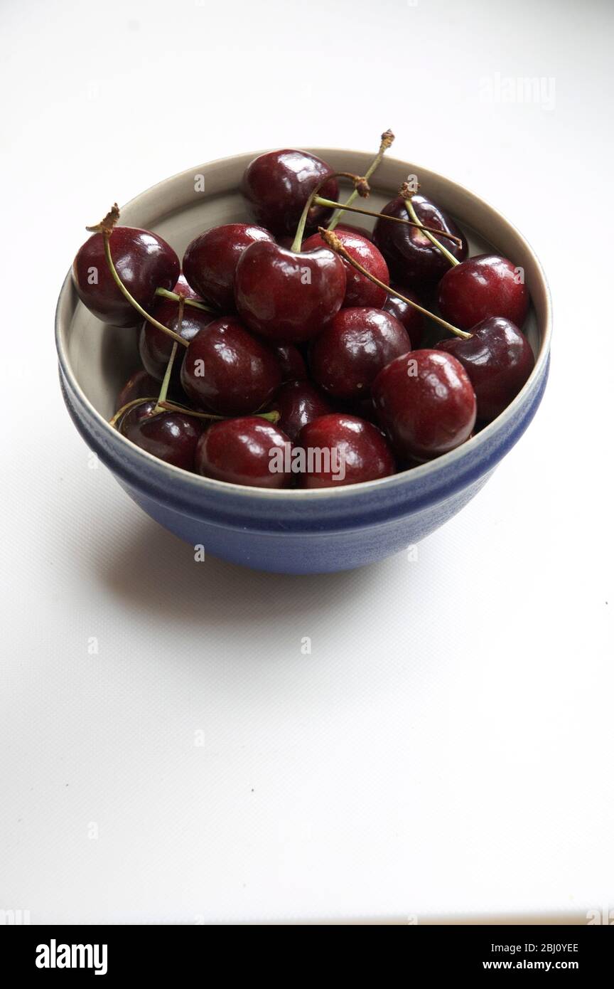 A small blue ceramic bowl of sweet red cherries on white surface - Stock Photo