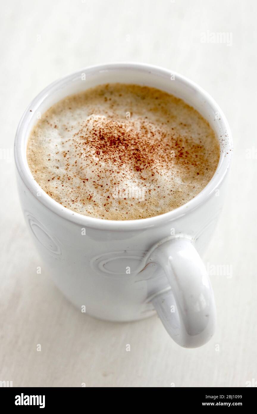 White china mug of cappucino coffee with frothy topping and cocoa powder sprinkled on - Stock Photo