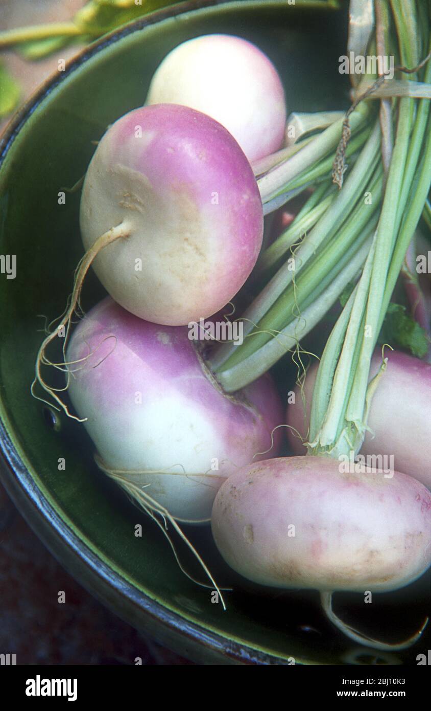 Bunch of baby turnips on green pottery strainer dish - Stock Photo