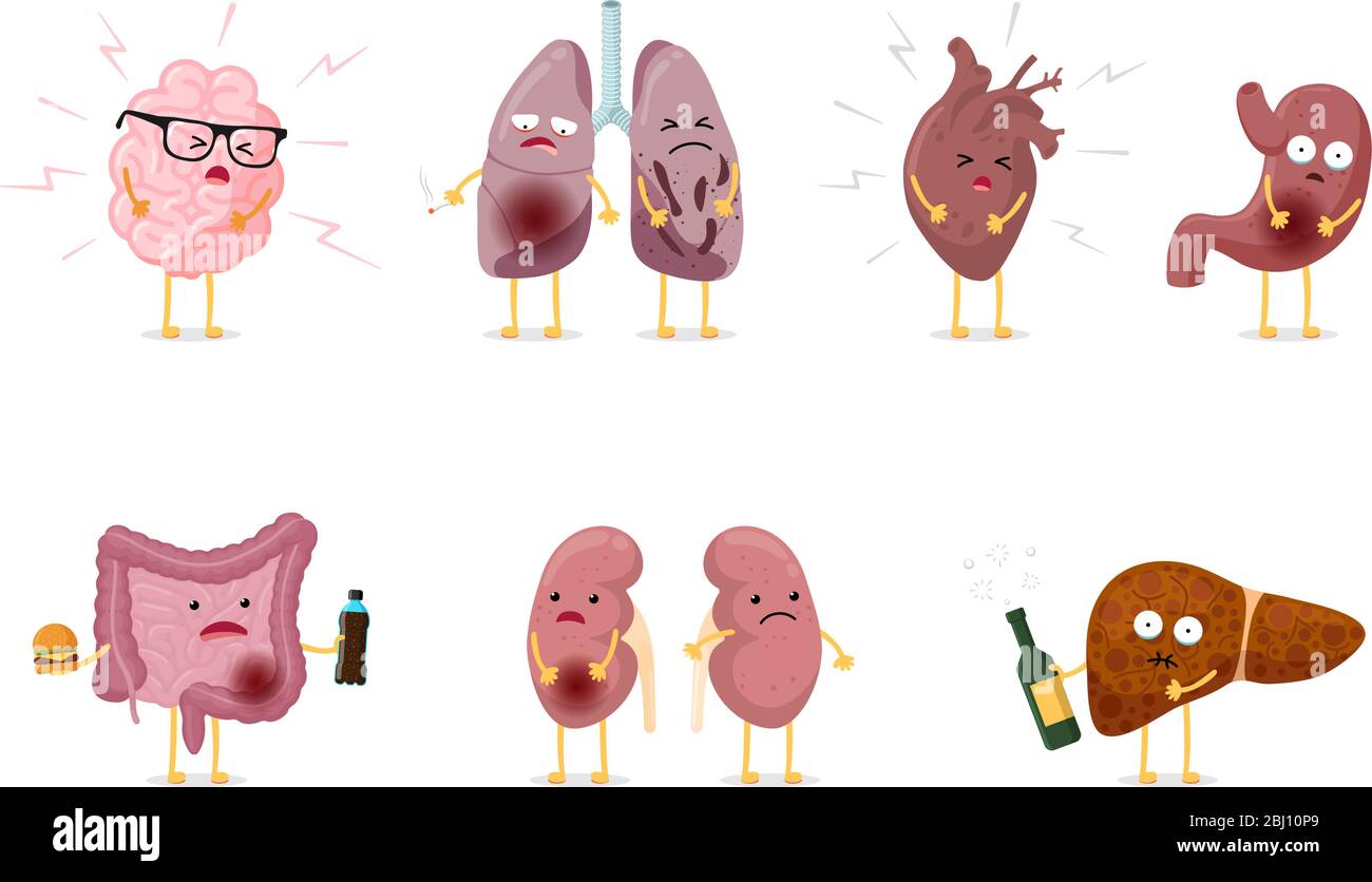 Cute cartoon unhealthy sick human internal organ character set with brain lung intestine heart kidney liver and stomach mascots. Vector disease anatomy isolated eps illustration Stock Vector