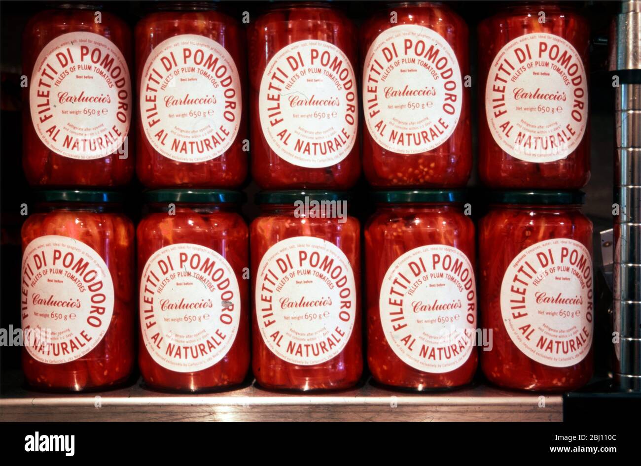 Details of products on the shelves of Carluccio's delicatessen store - Stock Photo