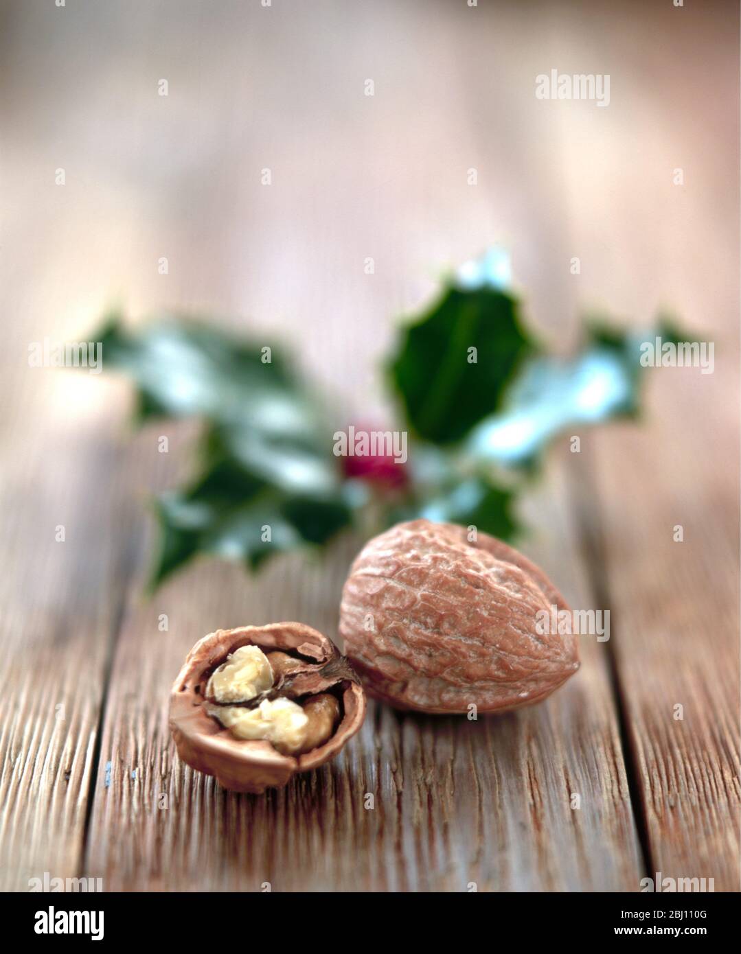 Walnuts and holly leaves - Stock Photo