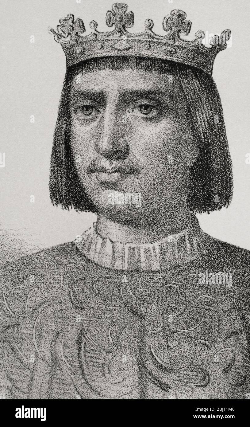 Henry IV (1425-1474). King of Castile. Portrait, detail. Illustration by Llanta. Lithography. Cronica General de España. Historia Ilustrada y Descriptiva de sus Provincias. Galicia, 1866. Stock Photo