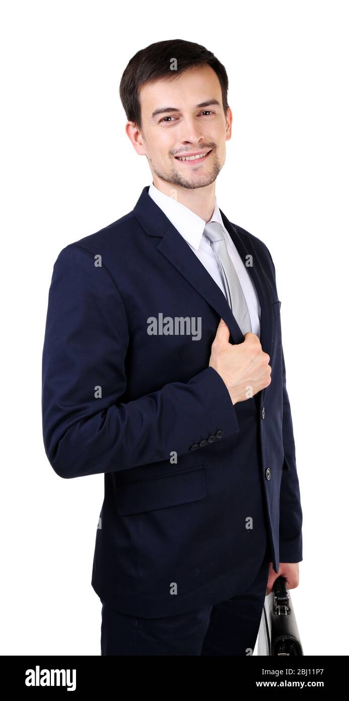 Elegant man in suit with briefcase isolated on white Stock Photo - Alamy