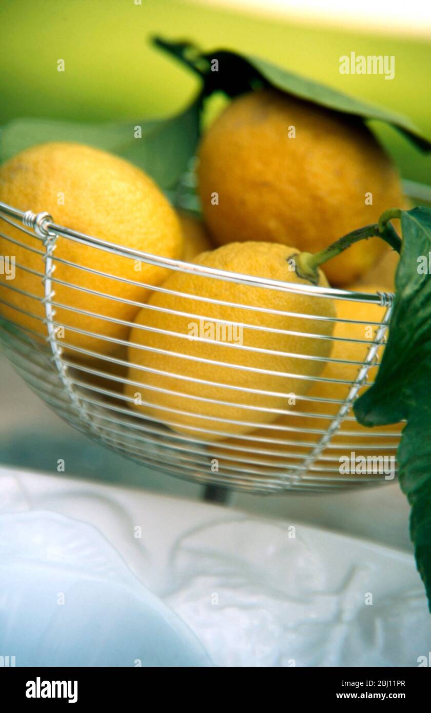 Large lemons fresh from the tree, complete with leaves in metal fruit basket outsinde in France - Stock Photo