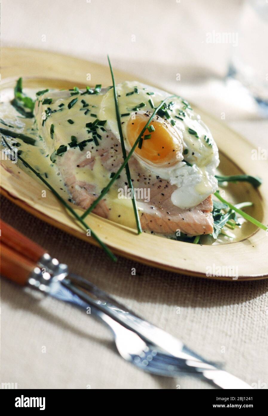 Poached egg on salmon with chopped chives and sauce - Stock Photo