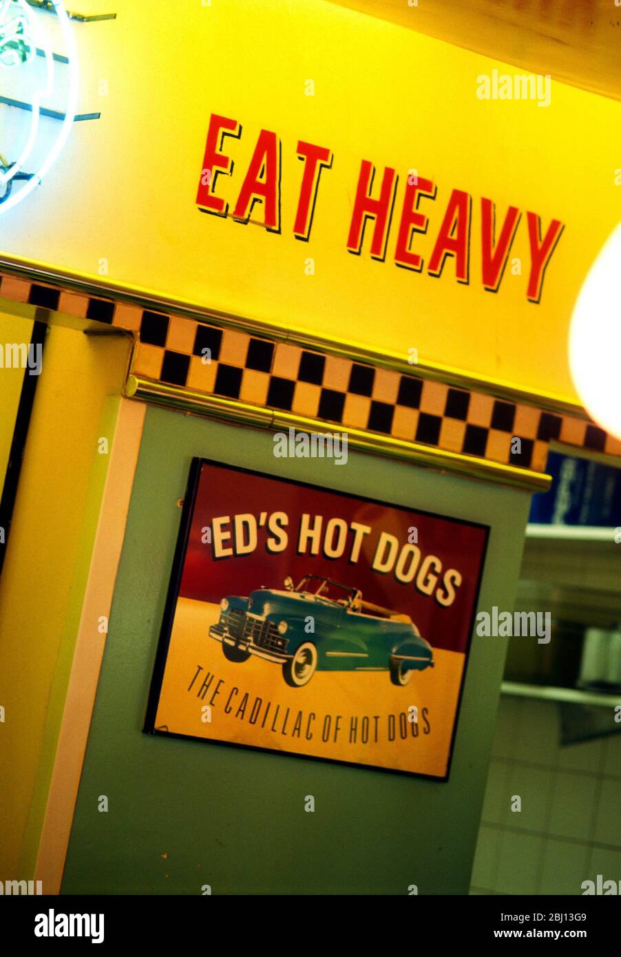 Eat heavy - Ed's hot dogs - the Cadillac of hot dogs - Stock Photo