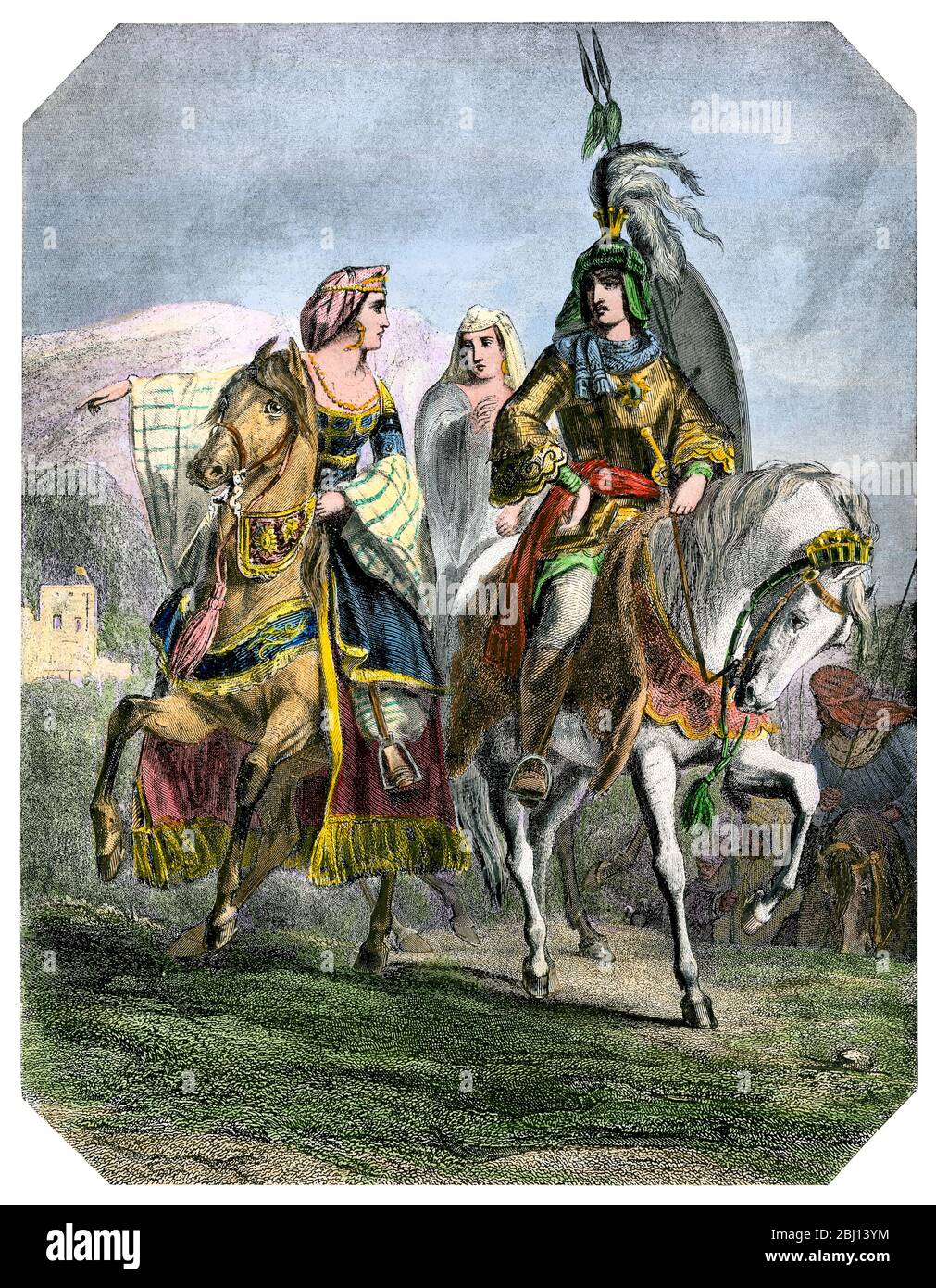 Muhammad XII (Boabdil) leaving Granada, ending Moorish rule in Spain, 1492. Hand-colored woodcut Stock Photo