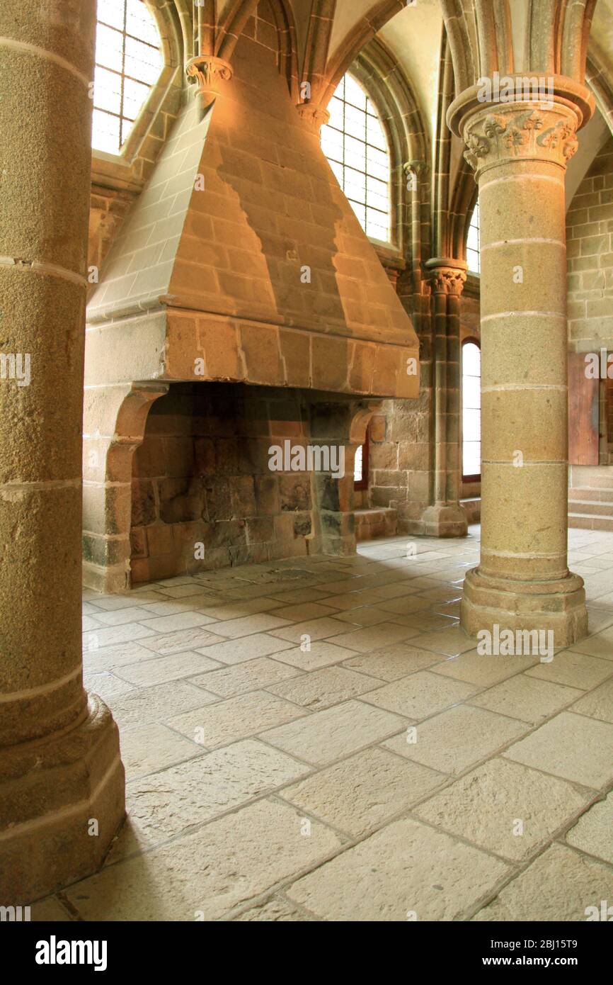 Mont Saint-Michel, France - October 13 2012: Stone chimney inside the Abbey of Mont Saint Michel in Normandy. Stock Photo